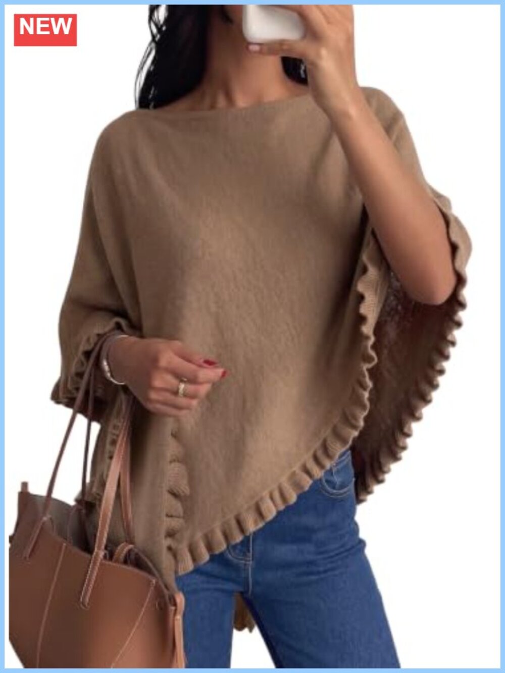 Womens Lightweight Knit Poncho Sweater Ruffle Hem Boat Neck Loose Fit
